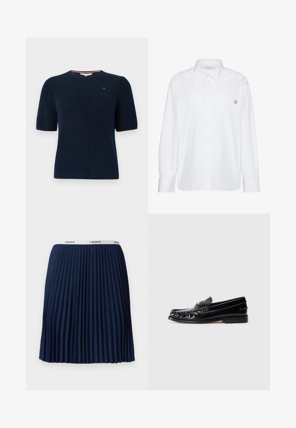 Suéter de manga corta tejido en azul marino con escote redondo. Presenta un detalle sutil de logo en el pecho y textura acanalada.; Camisa blanca de manga larga con botones, cuello puntiagudo y pequeño parche con el logo de Calvin Klein en el bolsillo izquierdo del pecho.; Falda plisada de color marino con un diseño texturizado, cintura elástica con la marca "LACOSTE" y tela suave.; Mocasines de cuero negro con puntera redondeada, costuras decorativas y un pequeño acento dorado en el empeine. Suela plana de goma, diseño elegante.