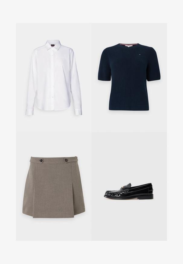 Pull tricoté bleu marine à manches courtes avec un col rond. Présente un détail de logo subtil sur la poitrine et une texture côtelée.; Chemise blanche à manches longues, boutonnée, fabriquée en coton. Comprend un col classique et une broderie de marque discrète sur la poitrine. Texture lisse.; Jupe mini en tissu taupe avec un surplis à l'avant, deux boutons noirs à la taille et un discret logo sur l'ourlet.; Mocassins en cuir noir avec un bout arrondi, des coutures décoratives et un petit accent doré sur le dessus. Semelle en caoutchouc plate, design épuré.
