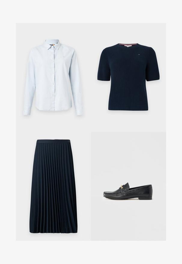 Pull tricoté bleu marine à manches courtes avec un col rond. Présente un détail de logo subtil sur la poitrine et une texture côtelée.; Chemise à manches longues bleu clair avec un col pointu, fermeture à boutons et tissu doux. Présente un petit logo brodé sur la poitrine.; Jupe plissée marine avec une taille texturée, en tissu lisse, présentant des plis verticaux régulièrement espacés et un design mi-mollet.; Mocassin en cuir noir avec garniture décorative en métal doré, coutures apparentes, bout légèrement pointu et semelle plate et minimaliste.