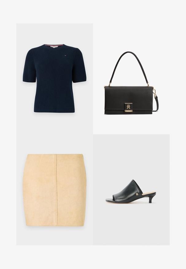 Pull tricoté bleu marine à manches courtes avec un col rond. Présente un détail de logo subtil sur la poitrine et une texture côtelée.; Jupon mini en suède beige offrant une texture lisse, une silhouette ajustée et un détail de couture centrale. Pas de matériel ou d'embellissements visibles.; Mules ouverts en cuir noir avec un talon bas. Présentent une surface lisse et un accent logo doré sur le côté.; Sac à main en cuir noir texturé avec une poignée supérieure, un fermoir doré présentant un logo TH entrelacé, et une bandoulière détachable.