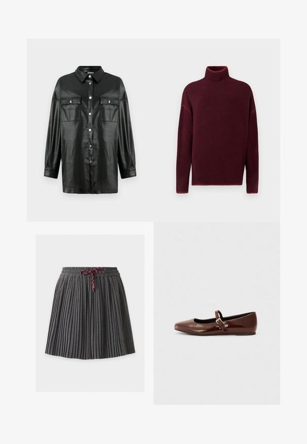 Burgunderrød rullekrave sweater med ribbet krave og manchetter, lavet af blødt materiale, med sænkede skuldre og en afslappet pasform.; Sort faux læder skjorte med lange ærmer, knaplukning foran, to brystlommer og klassisk krave. Glat tekstur og afslappet fit design.; Mørkegrå plisseret nederdel med elastik i taljen og en bundet vinrød snor foran i midten.; Brun patentlæder balletflade med firkantet tå og strop med en lille guldbuckle. Glat tekstur, lav hæl og minimalistisk design.