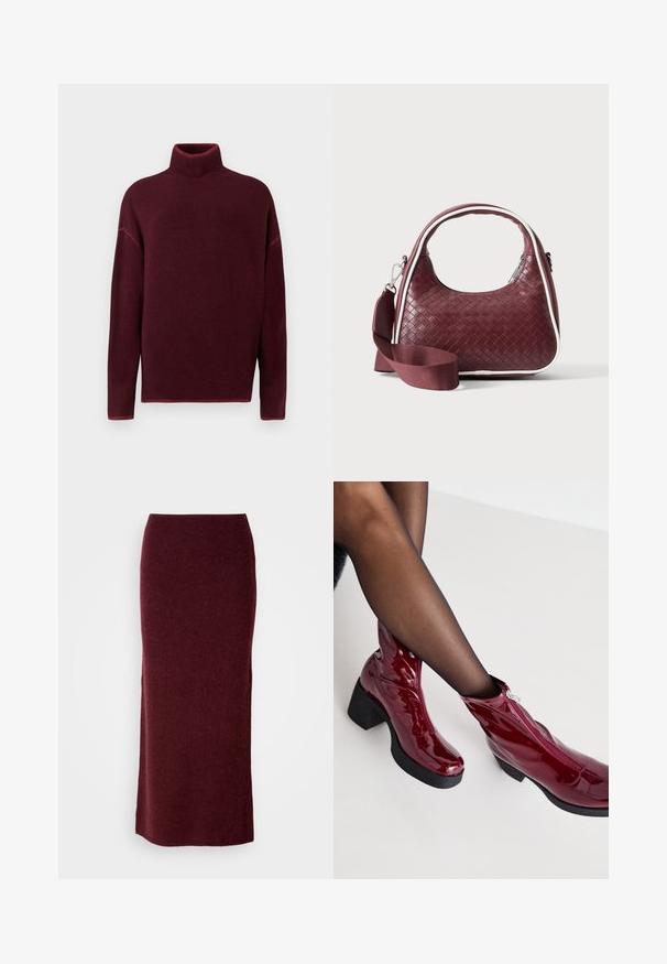 Burgunderrød rullekrave sweater med ribbet krave og manchetter, lavet af blødt materiale, med sænkede skuldre og en afslappet pasform.; Bordeaux uld maxi nederdel med en tætsiddende silhuet, glat tekstur og lige kant. Ingen synlige lukninger eller udsmykninger.; Røde ankelstøvler i patenteret læder med en kraftig sort hæl og lynlåsdetalje. Glat tekstur, elegant design med en rund tå.; Mørkerød vævet lædertaske med buet hank, hvid kant, sølv lynlås og aftagelig bred stofskulderrem mod en ensfarvet baggrund.