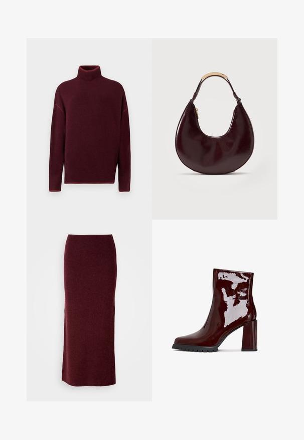 Burgunderrød rullekrave sweater med ribbet krave og manchetter, lavet af blødt materiale, med sænkede skuldre og en afslappet pasform.; Bordeaux uld maxi nederdel med en tætsiddende silhuet, glat tekstur og lige kant. Ingen synlige lukninger eller udsmykninger.; Glatte bordeaux ankelstøvle med firkantet tå, kraftig gennemsigtig hæl og tekstureret sort sål. Glat overflade med en højglans finish.; Mørkebrunt læderhåndtaske i halvmåneform med en kort håndtag, der har en metalaccent i guldfarve og en sidelomme med lynlås.