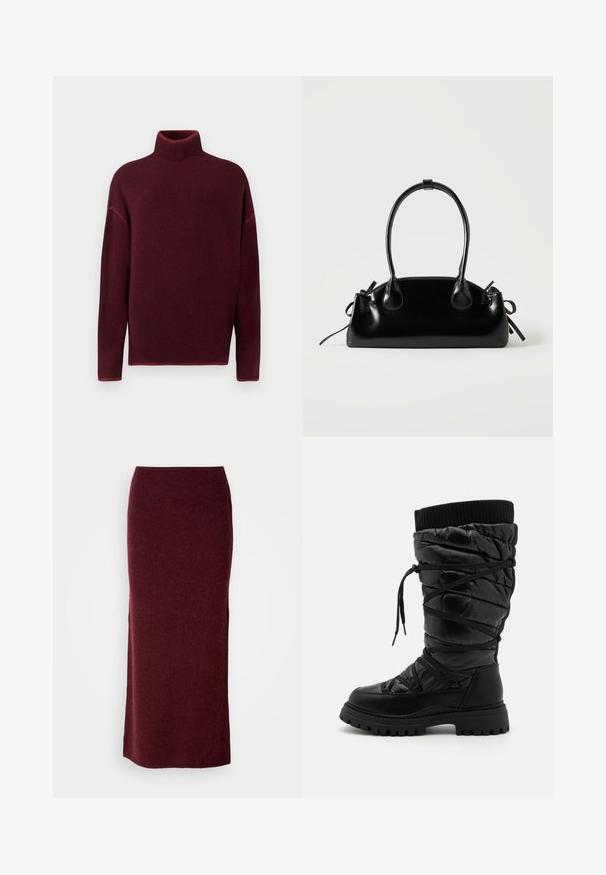 Burgunderrød rullekrave sweater med ribbet krave og manchetter, lavet af blødt materiale, med sænkede skuldre og en afslappet pasform.; Bordeaux uld maxi nederdel med en tætsiddende silhuet, glat tekstur og lige kant. Ingen synlige lukninger eller udsmykninger.; Sorte knæhøje støvler med en kviltet tekstur, der har snørebåndsdesign, kontrasterende ribbet topkant og en tyk, robust sål.; Lille sort blank håndtaske med to lange håndtag og snøre-detaljer i siden på en ensfarvet lys baggrund.