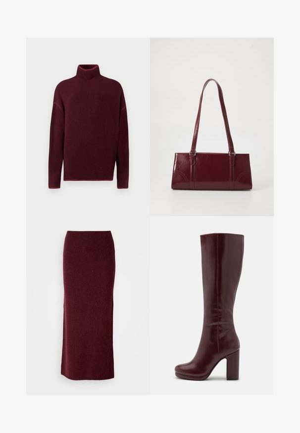 Burgunderrød rullekrave sweater med ribbet krave og manchetter, lavet af blødt materiale, med sænkede skuldre og en afslappet pasform.; Bordeaux uld maxi nederdel med en tætsiddende silhuet, glat tekstur og lige kant. Ingen synlige lukninger eller udsmykninger.; Anna Field by Zalando Højhælede støvler - red; Bordeaux håndtaske lavet af glansfuldt materiale, rektangulær form, med to skulderremme og subtile buede detaljer på forsiden.