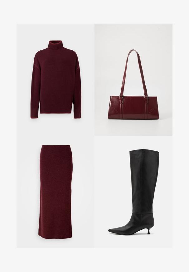 Burgunderrød rullekrave sweater med ribbet krave og manchetter, lavet af blødt materiale, med sænkede skuldre og en afslappet pasform.; Bordeaux uld maxi nederdel med en tætsiddende silhuet, glat tekstur og lige kant. Ingen synlige lukninger eller udsmykninger.; Knæhøje sorte læderstøvler med spids tå og kitten-heel. Glat tekstur og minimalistisk design uden synligt hardware eller accenter.; Bordeaux håndtaske lavet af glansfuldt materiale, rektangulær form, med to skulderremme og subtile buede detaljer på forsiden.