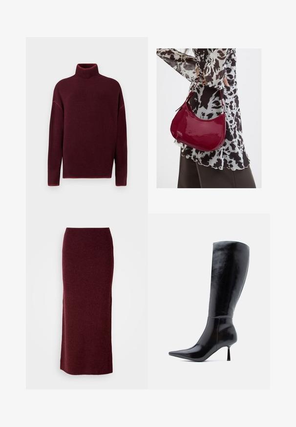 Pullove turtleneck bordeaux avec col et poignets côtelés, en texture douce, présentant des épaules tombantes et une coupe décontractée.; Jupe maxi en laine bordeaux avec une silhouette ajustée, une texture lisse et un ourlet droit. Sans fermetures ou embellissements visibles.; Bottes noires à talons aiguilles montantes, avec une finition en cuir brillant, un bout pointu et un talon effilé, présentant une surface lisse et un design élégant.; Femme portant un chemisier à motif noir et blanc tenant un sac à main rouge brillant sur un fond uni.
