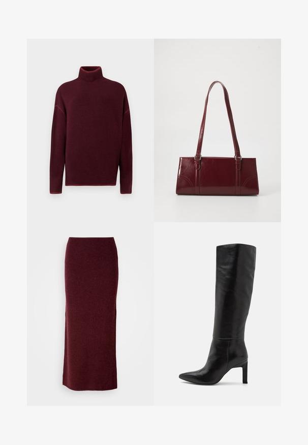 Burgunderfarbener Rollkragenpullover mit geripptem Kragen und Bündchen, aus weichem Material, mit überschnittenen Schultern und einem lockeren Schnitt.; Burgunderfarbene, wollläufige Maxiskirt mit einer taillierten Silhouette, glatter Textur und geradem Saum. Keine sichtbaren Verschlüsse oder Verzierungen.; Knöchelhohe schwarze Leder-Stiletto-Stiefel mit spitzer Zehe und glatter Oberfläche. Der Blockabsatz sorgt für Stabilität im Design.; Burgunderfarbene Handtasche aus glänzendem Material, rechteckige Form, mit zwei Schulterriemen und subtilen, geschwungenen Akzenten an der Vorderseite.