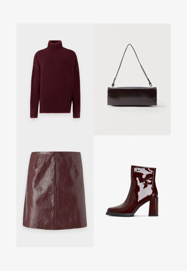Burgunderrød rullekrave sweater med ribbet krave og manchetter, lavet af blødt materiale, med sænkede skuldre og en afslappet pasform.; Vero Moda VMNELLY SKIRT - Mini skirts - wine tasting; Glatte bordeaux ankelstøvle med firkantet tå, kraftig gennemsigtig hæl og tekstureret sort sål. Glat overflade med en højglans finish.; Rektangulær sort læderhåndtaske med en enkelt lang rem og blank finish, vist mod en ensfarvet hvid baggrund.