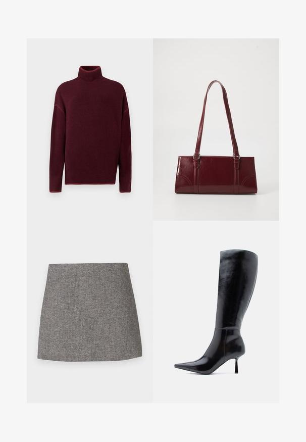 Burgundy turtleneck sweater with ribbed collar and cuffs, made of soft texture, featuring dropped shoulders and a relaxed fit.; Herringbone-patterned skirt in gray fabric, featuring a fitted silhouette with a smooth texture and a clean, straight hem.; Black knee-high stiletto boots with a shiny leather finish, pointed toe, and slim tapered heel, featuring a smooth surface and sleek design.; Burgundy handbag made of glossy material, rectangular shape, with two shoulder straps and subtle curved accents on the front.