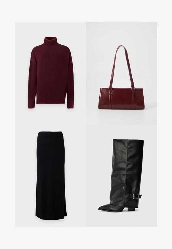 Burgunderrød rullekrave sweater med ribbet krave og manchetter, lavet af blødt materiale, med sænkede skuldre og en afslappet pasform.; Sort, lang, strikket nederdel med en sideslids. Har en strækbar talje og en glat tekstur. Enkel, tætsiddende design. Ingen synlige mønstre eller detaljer.; Sorte læder ankelstøvler i ankellængde med spids tå, glat tekstur og en sølvspændeaccents på siden. Kraftig firkantet hæl.; Bordeaux håndtaske lavet af glansfuldt materiale, rektangulær form, med to skulderremme og subtile buede detaljer på forsiden.