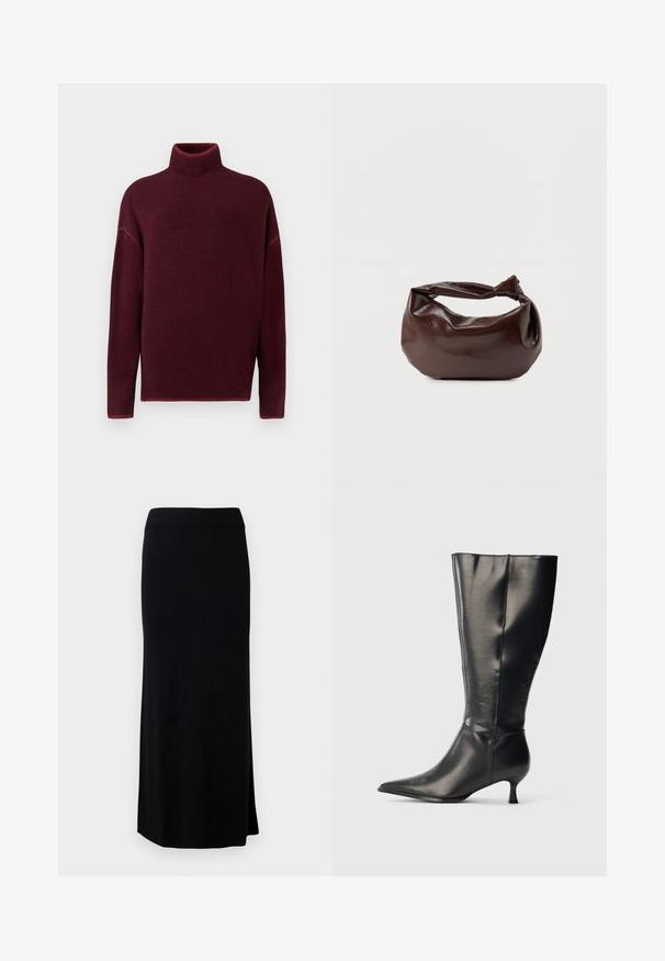 Burgunderrød rullekrave sweater med ribbet krave og manchetter, lavet af blødt materiale, med sænkede skuldre og en afslappet pasform.; Sort, lang, strikket nederdel med en sideslids. Har en strækbar talje og en glat tekstur. Enkel, tætsiddende design. Ingen synlige mønstre eller detaljer.; Sort knæhøj læderstøvle med spids tå og lav kittenhæl, vist på en enkel lys baggrund.; Mørkebrun læder skuldertaske med en blød, afslappet form og et snoet knudehåndtag på en ensartet hvid baggrund.