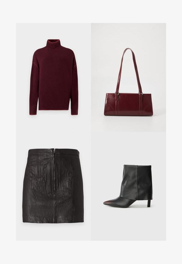 Burgunderrød rullekrave sweater med ribbet krave og manchetter, lavet af blødt materiale, med sænkede skuldre og en afslappet pasform.; Sort læder mini-skirt med lynlås foran og subtile lodrette sømdetaljer på en ensfarvet baggrund.; Sort ankelstøvle lavet af glat læder med spids tå og tilspidset hæl. Overdelen har et let rynket design.; Bordeaux håndtaske lavet af glansfuldt materiale, rektangulær form, med to skulderremme og subtile buede detaljer på forsiden.