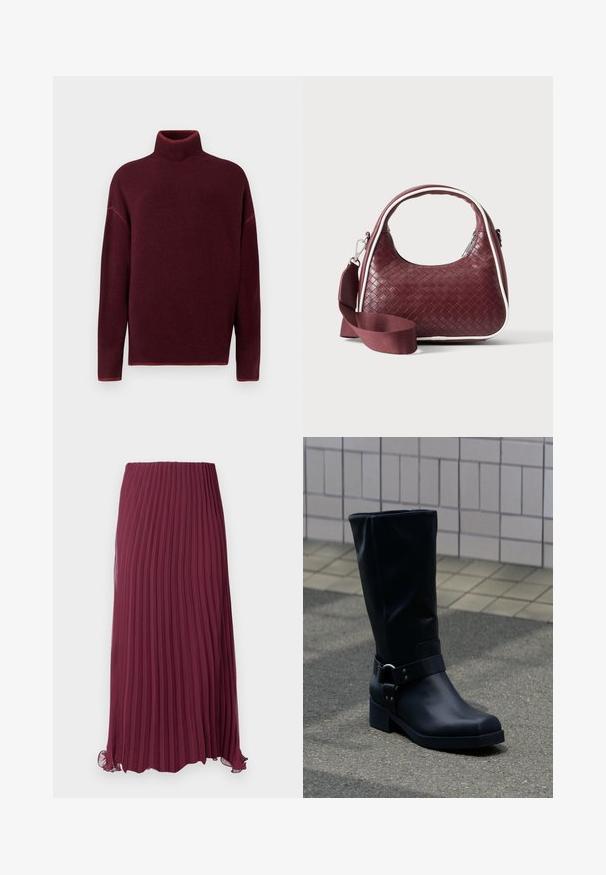 Pullove turtleneck bordeaux avec col et poignets côtelés, en texture douce, présentant des épaules tombantes et une coupe décontractée.; Jupe plissée longue bordeaux en tissu léger avec une taille élastique et un ourlet légèrement ondulé. Plis verticaux texturés sur toute la surface.; Botte en cuir noire mi-mollet avec un petit talon bloc et une bride décorative avec boucle métallique autour de la cheville, sur un trottoir carrelé.; Sac à main en cuir tressé marron foncé avec poignée courbée, garniture blanche, fermeture éclair argentée et bandoulière large en tissu amovible sur fond uni.