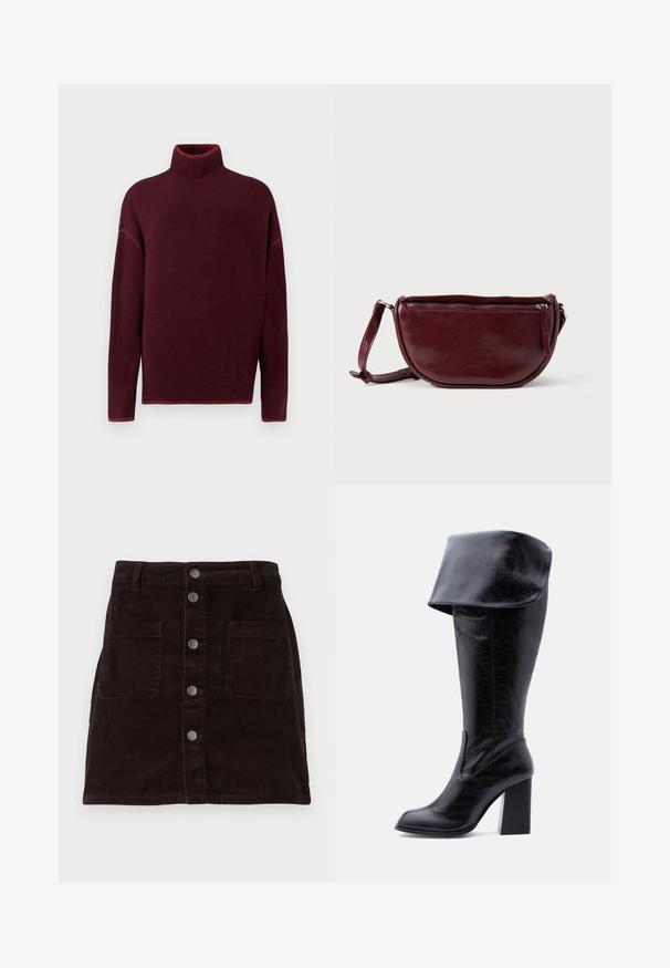 Burgunderfarbener Rollkragenpullover mit geripptem Kragen und Bündchen, aus weichem Material, mit überschnittenen Schultern und einem lockeren Schnitt.; Brauer Corduroy-Rock mit figurbetontem Design, vorderer Knopfverschluss, zwei seitlichen Taschen und vertikaler Rippstruktur über die gesamte Fläche.; Hoher schwarzer Lederstiefel mit Absatz, umgeschlagenem Umschlag und abgerundetem Zehenbereich, steht aufrecht auf weißem Hintergrund.; Dunkelroter Lederhandtasche in halbmondförmiger Form mit Reißverschluss und abnehmbarem Tragegurt. Glatte Textur mit dezentem Glanz.
