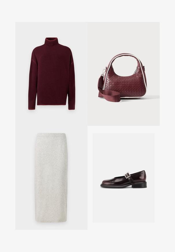 Burgunderrød rullekrave sweater med ribbet krave og manchetter, lavet af blødt materiale, med sænkede skuldre og en afslappet pasform.; Strikpencilskørt i lysegrå, med en glat tekstur og tætsiddende design, afsluttet nederst med en let strækbar talje. ; En enkelt blank mørk burgunder Mary Jane sko med bred rem og sølvspænde, lav blokhæle og rundet tå på hvid baggrund.; Mørkerød vævet lædertaske med buet hank, hvid kant, sølv lynlås og aftagelig bred stofskulderrem mod en ensfarvet baggrund.