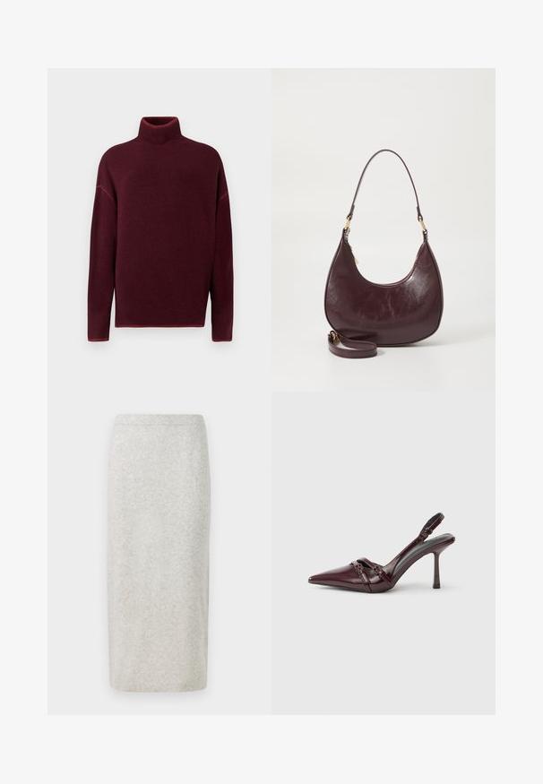 Burgunderfarbener Rollkragenpullover mit geripptem Kragen und Bündchen, aus weichem Material, mit überschnittenen Schultern und einem lockeren Schnitt.; Strick-Bleistiftrock in Hellgrau, mit einer glatten Textur und eng anliegendem Design, am unteren Rand gesäumt und mit einem leicht dehnbaren Bund.; Bordeauxroter Slingback-Pumps aus Lackleder mit spitz zulaufender Vorderkappe, dünnem Knöchelriemen und kleiner dekorativer Schnalle. Glatte Textur und hoher Absatz.; Burgunderfarbene Leder-Schultertasche mit geschwungener Form, Reißverschluss und abnehmbarem Tragegurt. Sie hat eine glatte Textur und goldene Hardware-Details.