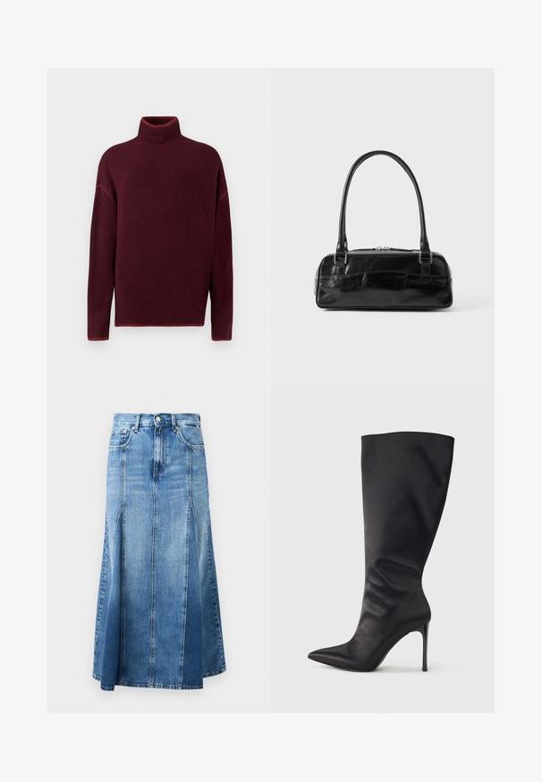 Burgunderrød rullekrave sweater med ribbet krave og manchetter, lavet af blødt materiale, med sænkede skuldre og en afslappet pasform.; Denim nederdel med en lys til mørk blå gradient, knælængde, med lige snit, frontslids og klassisk knap- og lynlås-lukning.; Sort knæhøj stiletstøvle lavet af glat, glansfuldt materiale; spids tå; tætsiddende pasform med let samling nær anklen; skinnende hæl.; Sort læderhåndtaske med rektangulær form, der har et enkelt struktureret håndtag, sølvhardware og lynlås-lukning. Glat tekstur.