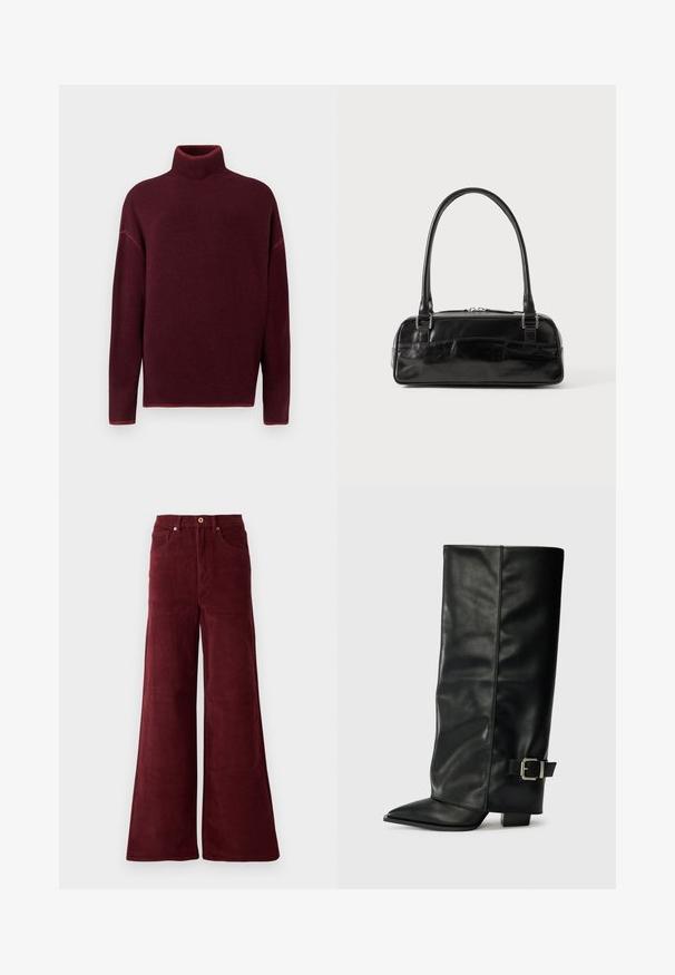 Pullove turtleneck bordeaux avec col et poignets côtelés, en texture douce, présentant des épaules tombantes et une coupe décontractée.; Pantalons en velours côtelé large de couleur bordeaux, avec une taille haute, des poches avant et une fermeture à bouton. Tissu texturé à côtes sur toute la surface.; Bottes noires en cuir longueur cheville avec un bout pointu, texture lisse et une accent en boucle argentée sur le côté. Talon carré épais.; Sac à main en cuir noir de forme rectangulaire, doté d'une seule ansse structurée, de quincaillerie argentée et d'une fermeture éclair. Texture lisse.