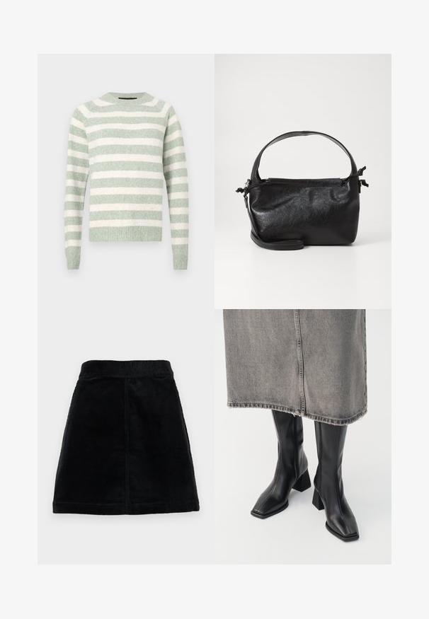 Stribet sweater i blød grøn og hvid. Strikket stof med rund halsudskæring og ribkant ved ærmerne. Løs pasform. Vandrette striber jævnt fordelt.; Sort kordfløjlsskjørt med en tætsiddende talje, lige skæring og tekstureret stof med lodrette ribber. Ingen synlige lukninger eller udsmykninger.; Sorte knæhøje støvler i glat læder med firkantet tå og blokeret hæl. Båret med en grå denimnederdel med flosset kant.; Sort læderhåndtaske med et struktureret design, rund tophåndtag og aftagelig skulderrem. Den har en glat tekstur og en subtil glans.