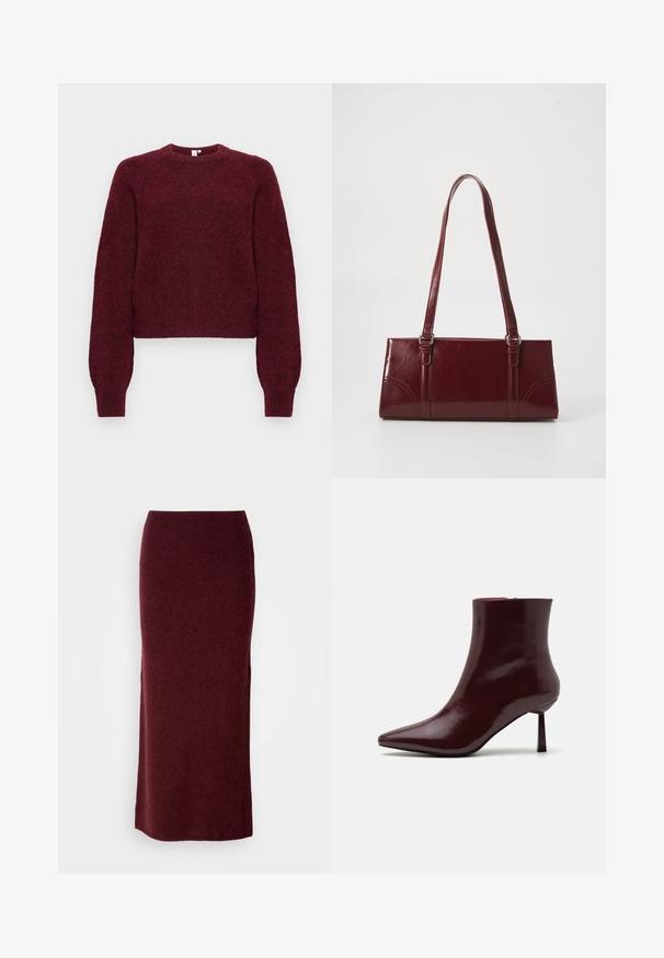 Pull en mélange de laine bourgogne, à col rond, avec des manches longues et des poignets et ourlet côtelés.; Jupe maxi en laine bordeaux avec une silhouette ajustée, une texture lisse et un ourlet droit. Sans fermetures ou embellissements visibles.; Bottine en cuir verni bourgogne avec un bout pointu et un talon aiguille Slim, présentant une texture lisse et brillante et un design minimaliste.; Sac à main bordeaux en matériau brillant, de forme rectangulaire, avec deux anses et des accents légèrement courbés à l'avant.