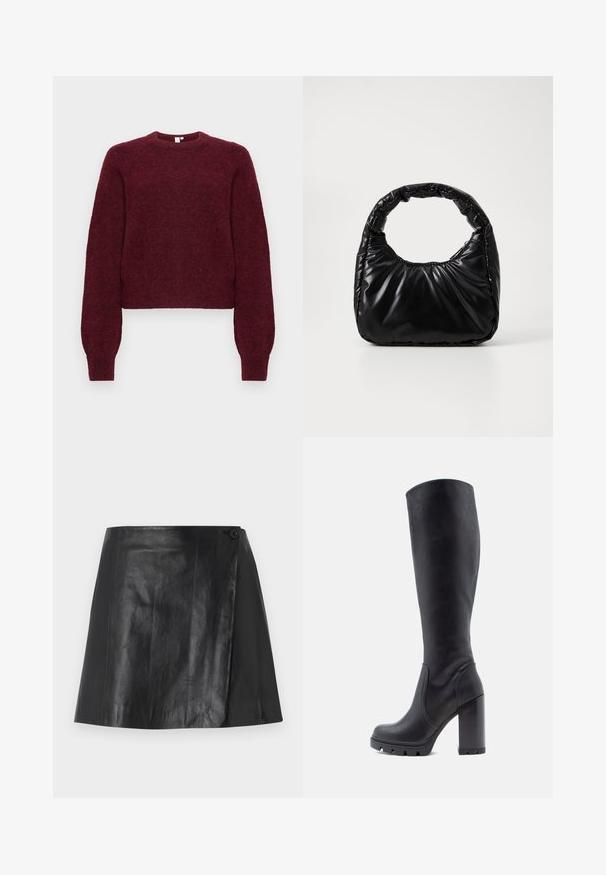 Pull en mélange de laine bourgogne, à col rond, avec des manches longues et des poignets et ourlet côtelés.; Mini-jupe en simili cuir noir avec un détail à l'avant enroulé, fixé par un bouton sur le côté droit, texture lisse et léger éclat.; Botte noire montante, en cuir lisse, avec un talon épais, un bout rond, une semelle texturée avec adhérence, au design élégant sans embellissements.; Sac à main noir rembourré avec une poignée arrondie, présentant une surface lisse et brillante ainsi qu'une texture douce et matelassée. Pas de quincaillerie ou d'accents visibles.