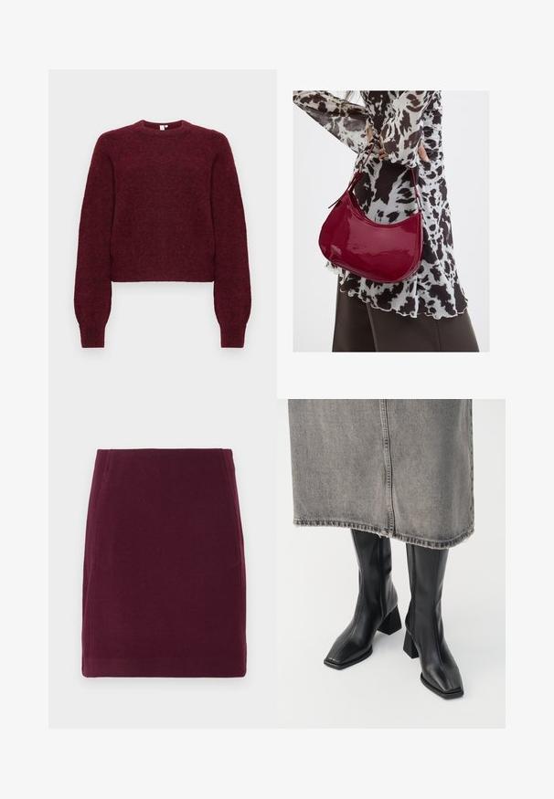 Pull en mélange de laine bourgogne, à col rond, avec des manches longues et des poignets et ourlet côtelés.; Vero Moda VMFORTUNALLISON SHORT - Jupe trapèze - winetasting; Bottes noires montantes en cuir lisse avec un bout carré et un talon bloc. Portées avec une jupe en denim grise à l'ourlet effiloché.; Femme portant un chemisier à motif noir et blanc tenant un sac à main rouge brillant sur un fond uni.