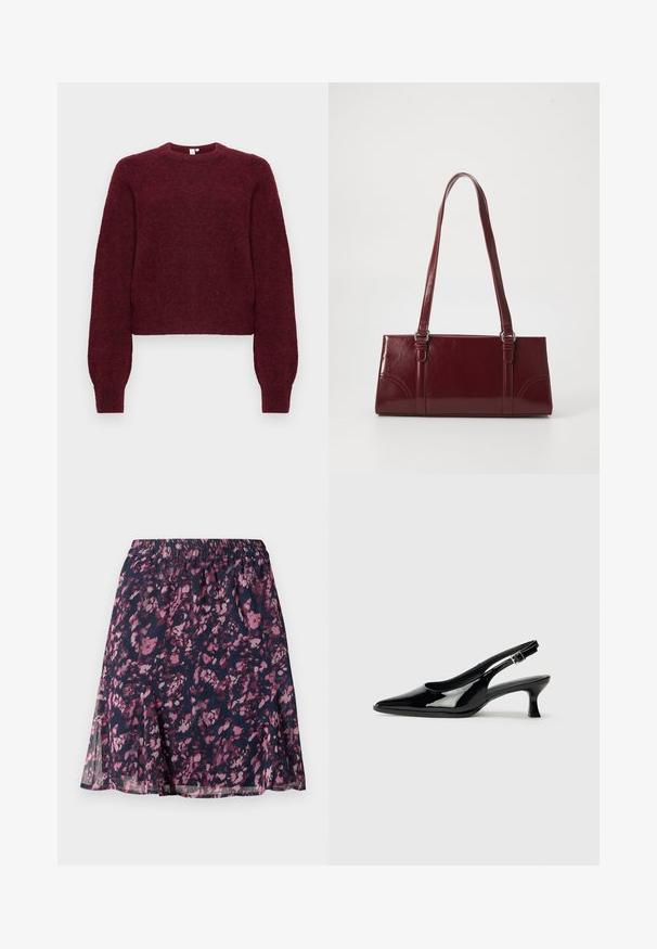Pull en mélange de laine bourgogne, à col rond, avec des manches longues et des poignets et ourlet côtelés.; Jupe marine avec taille élastique, ornée d'un motif floral abstrait rose et violet et d'un ourlet légèrement évasé.; Escarpins en cuir verni noir avec un bout pointu et un petit talon carré. Sangle réglable à la cheville avec boucle.; Sac à main bordeaux en matériau brillant, de forme rectangulaire, avec deux anses et des accents légèrement courbés à l'avant.