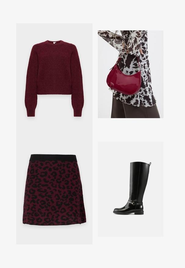 Pull en mélange de laine bourgogne, à col rond, avec des manches longues et des poignets et ourlet côtelés.; Mini-jupe bordeaux avec motif léopard noir et ceinture élastique noire unie sur fond neutre.; Bottes noires montantes en cuir verni, avec un détail de boucle argentée à la cheville et une conception à bout arrondi. Semelle plate.; Femme portant un chemisier à motif noir et blanc tenant un sac à main rouge brillant sur un fond uni.