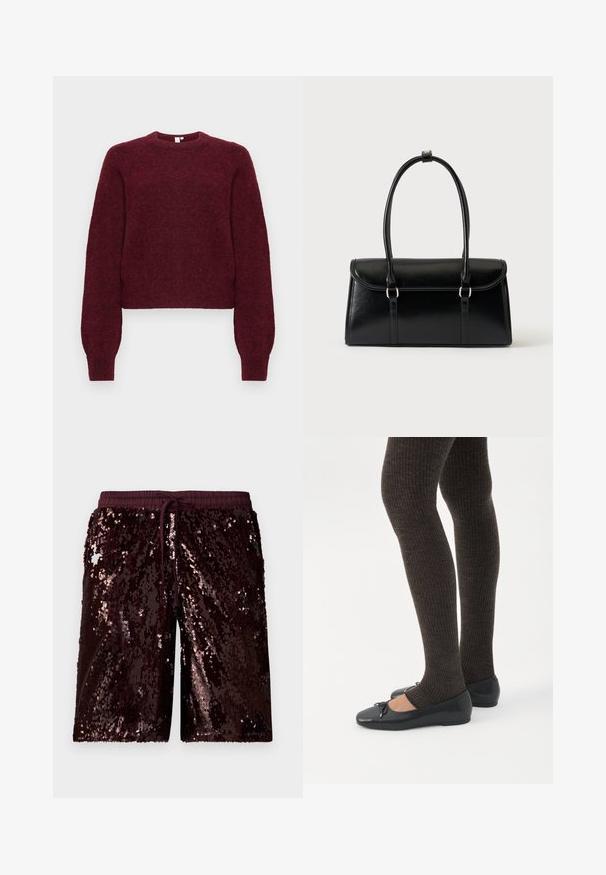 Pull en mélange de laine bourgogne, à col rond, avec des manches longues et des poignets et ourlet côtelés.; Shorts en sequins bordeaux avec une taille élastique et un cordon de serrage ajustable. Présentent une surface brillante et texturée avec des sequins réfléchissants.; Jambes portant des leggings côtelés foncés associés à des ballerines noires avec de petits détails en nœud sur fond blanc.; Sac à main rectangulaire en cuir noir avec fermeture à rabat et deux longues anses sur fond blanc uni.