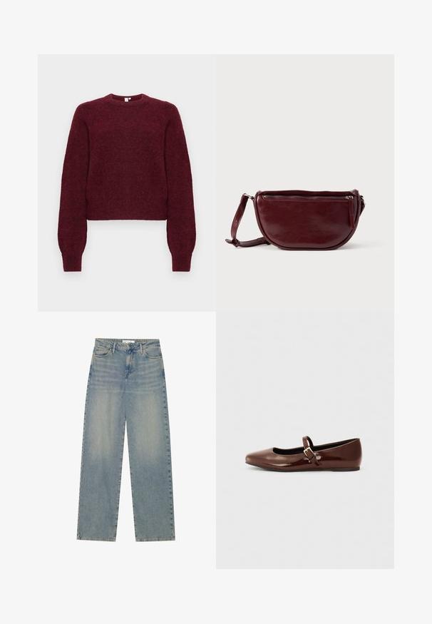 Bordeauxfarbener Wollmischung-Pullover mit Rundhalsausschnitt, langen Ärmeln sowie gerippten Bündchen und Saum.; Helle blaue, hochgeschnittene, gerade geschnittene Jeans aus Denim mit Fronttaschen, Gürtelschlaufen sowie sichtbarem Knopf- und Reißverschluss.; Braune Lackleder-Ballerinas mit quadratischer Zehenform und Riemen mit einer kleinen goldenen Schnalle. Glatte Textur, niedriger Absatz und minimalistisches Design.; Dunkelroter Lederhandtasche in halbmondförmiger Form mit Reißverschluss und abnehmbarem Tragegurt. Glatte Textur mit dezentem Glanz.