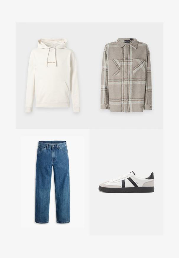 Beige Kapuzenpullover aus Baumwolle, mit Kängurutasche, Kordelzugkapuze und gesticktem "Originals"-Text auf der Brust.; Sean John SCRIPT LOGO OVERSHIRT - Hemd - beige; Blaue Jeans mit geradem Bein, Vordertaschen, Gürtelschlaufen, Metallknopf und Reißverschluss auf weißem Hintergrund.; Weiße Sneaker mit schwarz- und grau-aczenten, ausgestattet mit einer strukturierten grauen Zehenkappe, schwarzer Gummi-Sohle und flachen weißen Schnürsenkeln. Sauberes Design, minimalistische Stil.