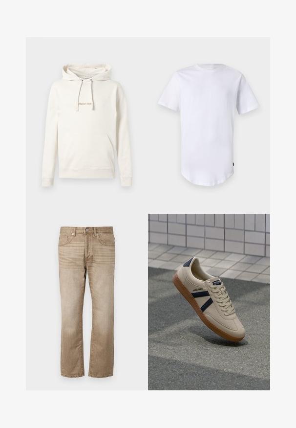 Beige hoodie lavet af bomuld, med en kængurulomme, snoretræk i hætten og broderet "Originals" tekst på brystet.; Hvid kortærmet t-shirt lavet af bomuld. Rund halsudskæring med en buet kant. Etiket synlig på nederste venstre side. Glat tekstur.; Beige denim jeans med lige ben, der har fem lommer, en knaplukning og subtile falmninger i stoffet.; Beige sneaker med struktureret overflade, marineblå striber og gummisål. Har en polstret tunge og traditionelt snørresystem for en sikker pasform.