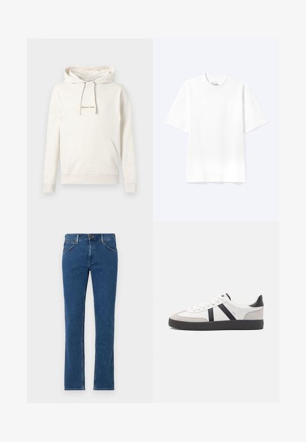 Beige Kapuzenpullover aus Baumwolle, mit Kängurutasche, Kordelzugkapuze und gesticktem "Originals"-Text auf der Brust.; Schlichtes weißes T-Shirt mit kurzen Ärmeln und Rundhalsausschnitt in entspannter Passform, auf hellem Hintergrund dargestellt.; Blaue Straight-Leg-Denim-Jeans mit vorderer Knopf- und Reißverschluss, Gürtelschlaufen und Fünf-Taschen-Design auf weißem Hintergrund.; Weiße Sneaker mit schwarz- und grau-aczenten, ausgestattet mit einer strukturierten grauen Zehenkappe, schwarzer Gummi-Sohle und flachen weißen Schnürsenkeln. Sauberes Design, minimalistische Stil.