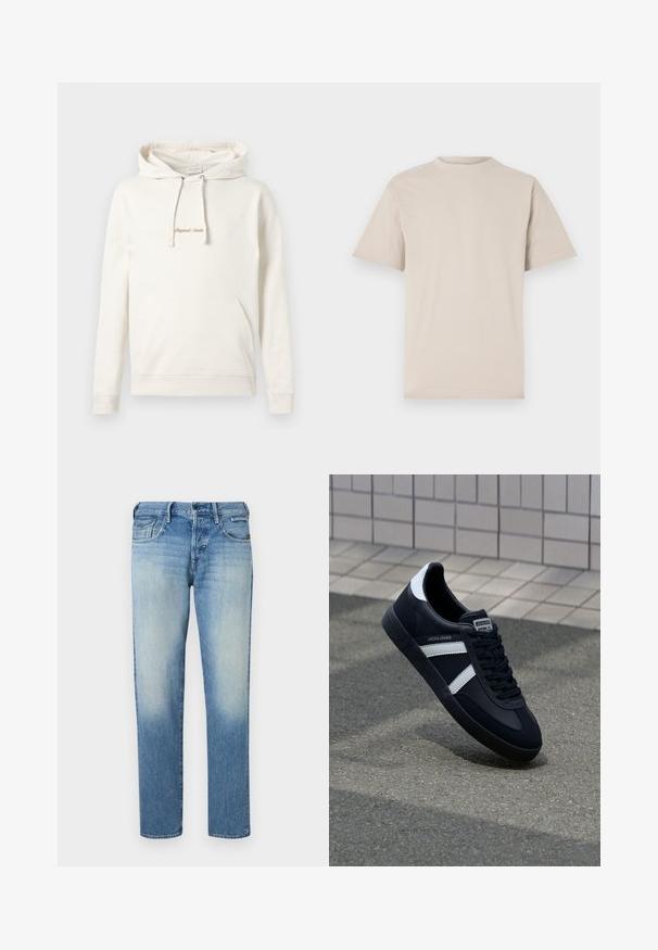 Sudadera beige de algodón, con un bolsillo canguro, capucha con cordones y texto bordado "Originals" en el pecho.; Camiseta de manga corta beige, con cuello redondo, hecha de una suave tela de algodón, que presenta un corte relajado y sin patrones o adornos visibles.; Vaqueros de mezclilla azul claro con acabado desgastado, piernas de corte recto, cinco bolsillos y cierre de botón. Detalles de costura y etiqueta de la marca en la parte trasera.; Zapatilla de cuero negra con rayas blancas, suela de goma texturizada y parte frontal con cordones. Cuenta con una etiqueta de marca en la lengüeta.
