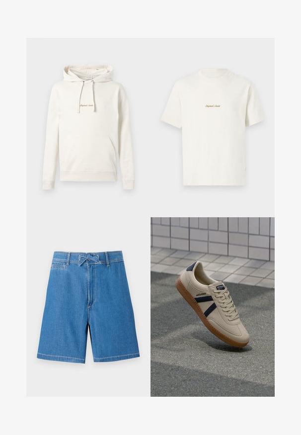Hoodie beige en coton, avec une poche kangourou, un capuchon à cordon de serrage et un texte brodé "Originals" sur la poitrine.; T-shirt en coton crème avec manches courtes, col rond et logo brodé "Original Studio" en doré sur la poitrine. Texture douce.; Shorts en denim bleu clair avec une taille élastique à cordon de serrage, poches avant et coutures contrastées. Design classique, coupe au genou.; Baskets beiges avec une finition texturée, bandes navy et semelle en caoutchouc. Équipées d'une languette rembourrée et d'un système de laçage traditionnel pour un maintien sécurisé.