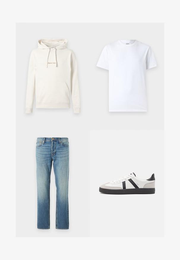 Beige hoodie gemaakt van katoen, met een kangoeroezak, een capuchon met trekkoord en geborduurde "Originals" tekst op de borst.; Witte katoenen T-shirt met ronde halslijn en korte mouwen. Eenvoudig ontwerp zonder patronen of graphics, met GAP-merk op de kraag.; Lichtblauwe denim jeans met een recht gesneden ontwerp, voorzien van een vervaagde afwerking, koperen klinknagels en klassieke vijf-pocket styling.; Witte sneaker met zwarte en grijze accenten, voorzien van een grijze neus met textuur, zwarte rubberen zool en platte witte veters. Schoon ontwerp, minimalistische stijl.
