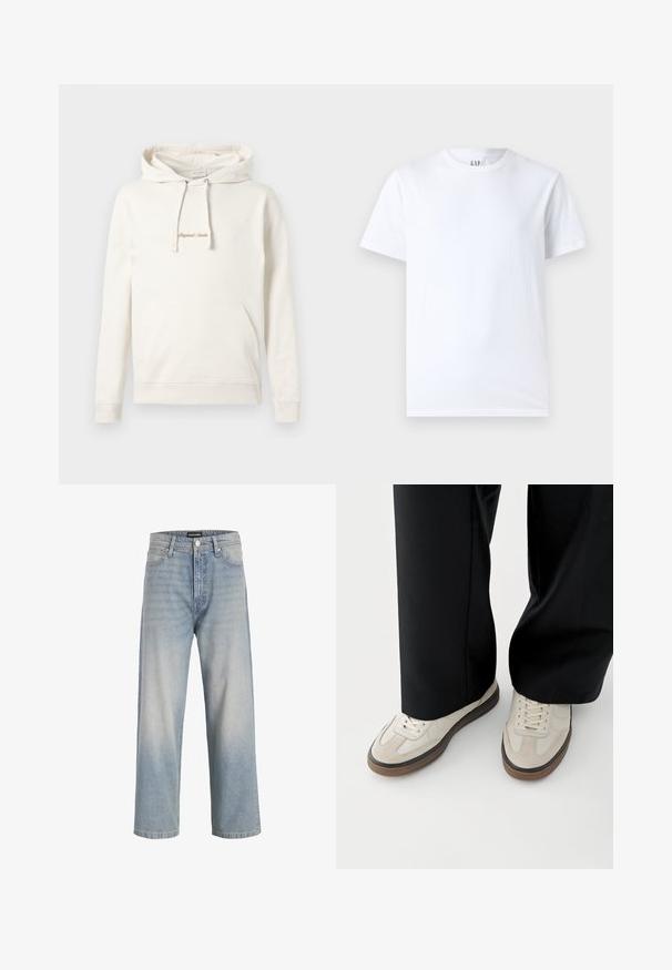 Beige hoodie lavet af bomuld, med en kængurulomme, snoretræk i hætten og broderet "Originals" tekst på brystet.; Hvid bomulds t-shirt med rund halsudskæring og korte ærmer. Enkel design uden mønstre eller grafik, med GAP branding på kraven.; Lys blå denimjeans med lige ben design, falmet udseende, fem lommer og en knappelukning i taljen.; Fødder iført beige sneakers med brune såler og sorte bukser med vide ben på hvid baggrund.