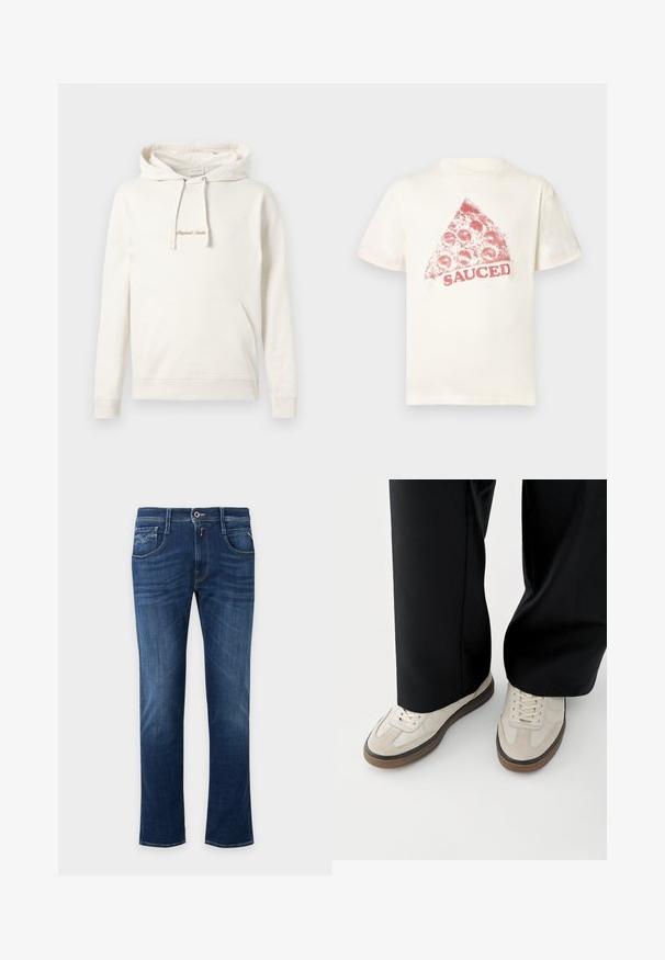 Hoodie beige en coton, avec une poche kangourou, un capuchon à cordon de serrage et un texte brodé "Originals" sur la poitrine.; T-shirt en coton couleur crème avec un graphisme rouge d'une tranche de pizza accompagnée du mot « SAUCED » en dessous, manches courtes et col rond.; Jean droit bleu foncé avec bouton devant, fermeture éclair et design à cinq poches.; Pieds portant des baskets beige avec des semelles marron et un pantalon noir à jambes larges sur fond blanc.