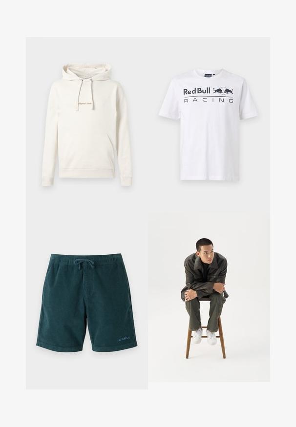 Beige hoodie lavet af bomuld, med en kængurulomme, snoretræk i hætten og broderet "Originals" tekst på brystet.; Red Bull Racing x Pepe Jeans TEAM LOGO - T-shirts print - white; Mørkegrønne kordfløjsbadetights med elastisk talje og snøre. Har logo på den nederste højre ben. Glat tekstur, knælangt design.; Ung mand i mørk læderjakke og jeans sidder på en træskammel, læner sig fremad med armene krydset og kigger til siden mod hvid baggrund.