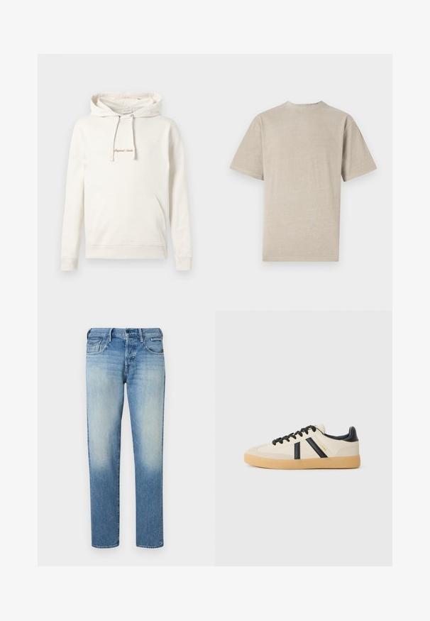Sudadera beige de algodón, con un bolsillo canguro, capucha con cordones y texto bordado "Originals" en el pecho.; Camiseta de manga corta en beige claro con cuello redondo, fabricada en un tejido suave, que presenta una textura lisa y un diseño simple sin gráficos.; Vaqueros de mezclilla azul claro con acabado desgastado, piernas de corte recto, cinco bolsillos y cierre de botón. Detalles de costura y etiqueta de la marca en la parte trasera.; Zapatillas casuales en crema con rayas negras, con parte superior texturizada y suela de goma. Los cordones son negros. Logo sutil en el costado.