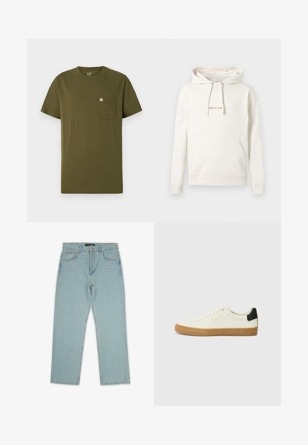 Sudadera beige de algodón, con un bolsillo canguro, capucha con cordones y texto bordado "Originals" en el pecho.; Camiseta de algodón verde oliva con cuello redondo, mangas cortas y un bolsillo en el pecho izquierdo que presenta una pequeña etiqueta de la marca. Textura suave.; Pegador BAURES - Vaqueros rectos - sand washed blue; Zapatilla de lona blanca con suela de goma, acento negro en el talón, punta redonda y diseño con cordones. Presenta el logo de la marca en dorado en el lateral.