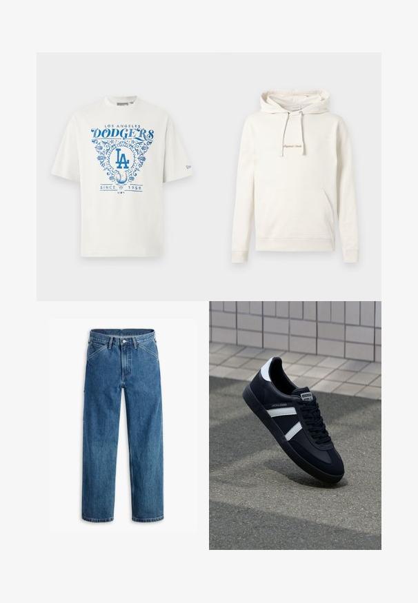 Beige Kapuzenpullover aus Baumwolle, mit Kängurutasche, Kordelzugkapuze und gesticktem "Originals"-Text auf der Brust.; Weißes Baumwoll-T-Shirt mit blauem Grafiktext "LOS ANGELES DODGERS" und "SINCE 1958" sowie floralen Akzenten und dem "LA"-Logo in der Mitte.; Blaue Jeans mit geradem Bein, Vordertaschen, Gürtelschlaufen, Metallknopf und Reißverschluss auf weißem Hintergrund.; Schwarze Leder-Sneaker mit weißen Streifen, strukturiertem Gummisohle und Schnürung. Verfügt über ein Markenetikett auf der Zunge.