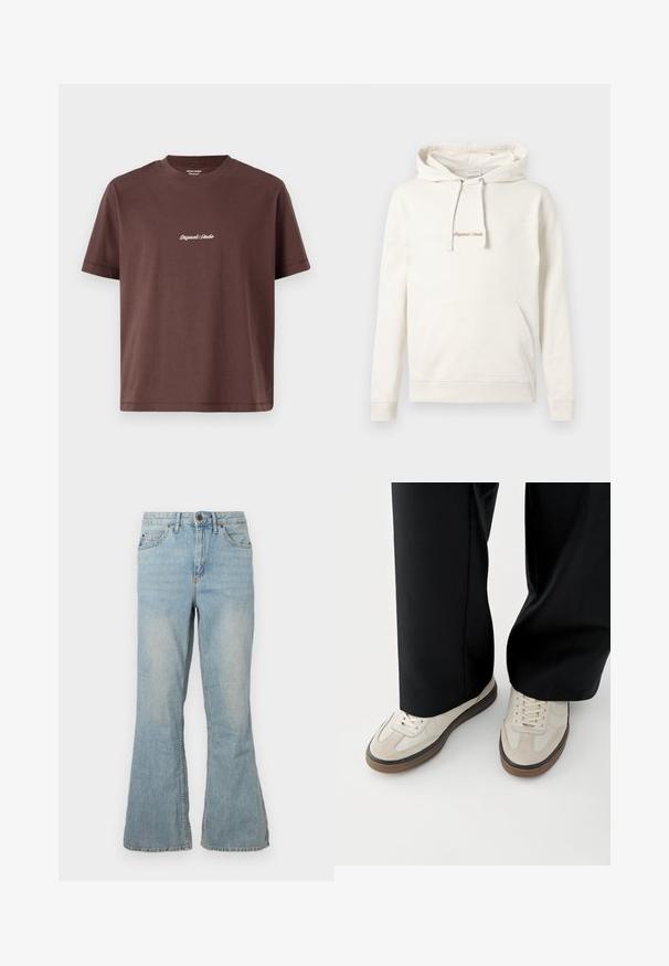 Sudadera beige de algodón, con un bolsillo canguro, capucha con cordones y texto bordado "Originals" en el pecho.; Camiseta de algodón marrón con cuello redondo. Presenta mangas cortas y un texto bordado central que dice "Original Studio" en blanco.; Jeans de mezclilla azul claro de pitillo con cintura media, cinco bolsillos y costuras visibles. Presentan una textura suave y cierre de cremallera estándar.; Pies con zapatillas beige con suelas marrones y pantalones negros de pierna ancha sobre un fondo blanco.