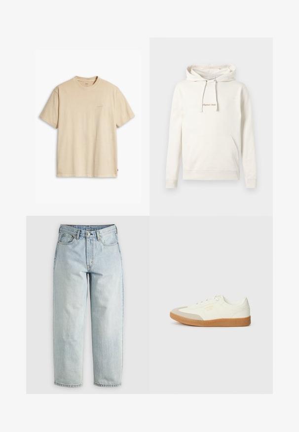 Beige hoodie lavet af bomuld, med en kængurulomme, snoretræk i hætten og broderet "Originals" tekst på brystet.; Beige bomulds t-shirt med rund hals og korte ærmer. Har et subtilt "Levi's" logo i samme farve på brystet. Blød tekstur.; Lysblå denimjeans med lige ben, fem lommer og knap-fly lukning; har slidte områder og subtile syninger.; Sneaker lavet af hvid læder med en beige tåhætte og let brunt gummisål. Har flade hvide snørebånd og prægede branding på siden.