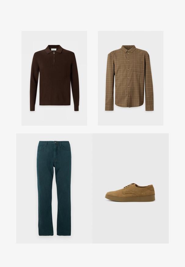 Pull en maille marron foncé à manches longues avec col et courte fermeture éclair devant, présenté sur un fond clair uni.; Chemise marron à manches longues boutonnée, motif à carreaux, col boutonné et poche poitrine sur fond uni.; Jean droit bleu canard avec fermeture à bouton et zip à l'avant, poches avant et arrière, présenté à plat sur fond blanc.; Chaussure décontractée à lacets en daim marron avec semelle en caoutchouc plate, vue de côté sur un fond clair uni.