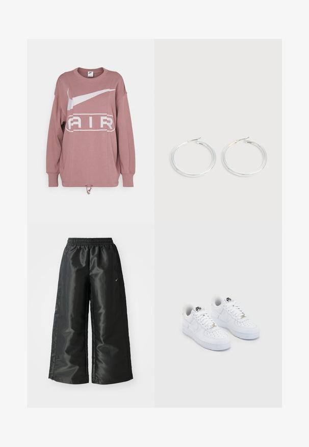 Nike Sportswear AIR CREW - Sweatshirt - smokey mauve; Sorte sportsbukser i et blankt, glat stof med en elastisk talje, brede ben og et lille logo på venstre side.; Hvide Nike Air Force 1 sneakers med en glat læderoverdel, perforeret tåboks, hvide snørebånd og sort branding på tungen.; Par skinnende sølvøreringe med tynde trådlåse, vist på en lys grå baggrund.