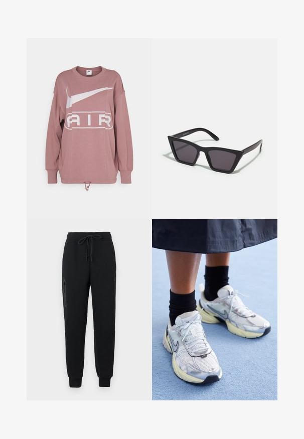 Nike Sportswear AIR CREW - Sweatshirt - smokey mauve; Sorte sweatpants med snoretræk i taljen, lynlåslomme i siden og tætsiddende nederste kant. Fremstillet af blødt, struktureret stof.; Hvide og sølv Nike sneakers med mesh-stof, reflekterende detaljer og en beige sål. Bæres med sorte sokker og står på en blå overflade.; Sorte, kantede solbriller med grå linser; lavet af plast, med tykke stænger med en glat overflade og ingen synlig hardware.