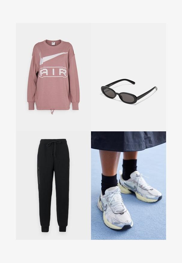 Nike Sportswear AIR CREW - Sweatshirt - smokey mauve; Schwarze Sweatpants mit einem Kordelzugbund, seitlichem Reißverschlusstaschen und schmal zulaufenden Säumen. Hergestellt aus weichem, strukturiertem Stoff.; Weiße und silberne Nike-Sneaker aus Mesh-Gewebe, mit reflektierenden Akzenten und einer beigen Sohle. Getragen mit schwarzen Socken und stehend auf einer blauen Fläche.; Even&Odd by Zalando Sonnenbrille - black