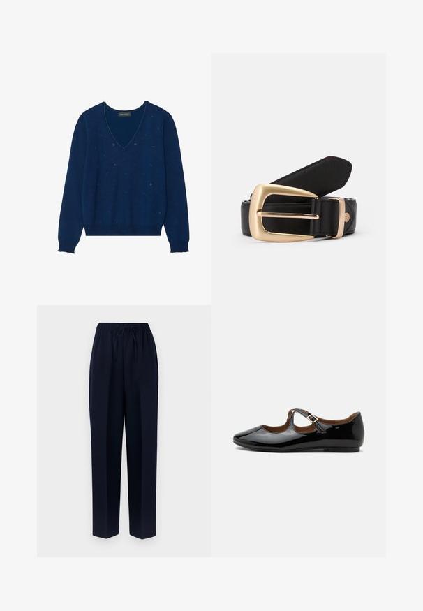 Suéter de punto azul marino con escote en V, mangas largas y sutiles adornos; puños y dobladillo acanalados; textura suave.; Pantalones de pierna ancha en azul marino con cintura elástica y cordón ajustable. Elaborados en tela suave con silueta recta y sin bolsillos.; Zapato plano Mary Jane de charol negro con dos recortes y una correa con hebilla dorada sobre fondo blanco.; Cinturón de cuero negro con una hebilla rectangular dorada. El cinturón presenta una textura suave y un sutil detalle de costura a lo largo de los bordes.